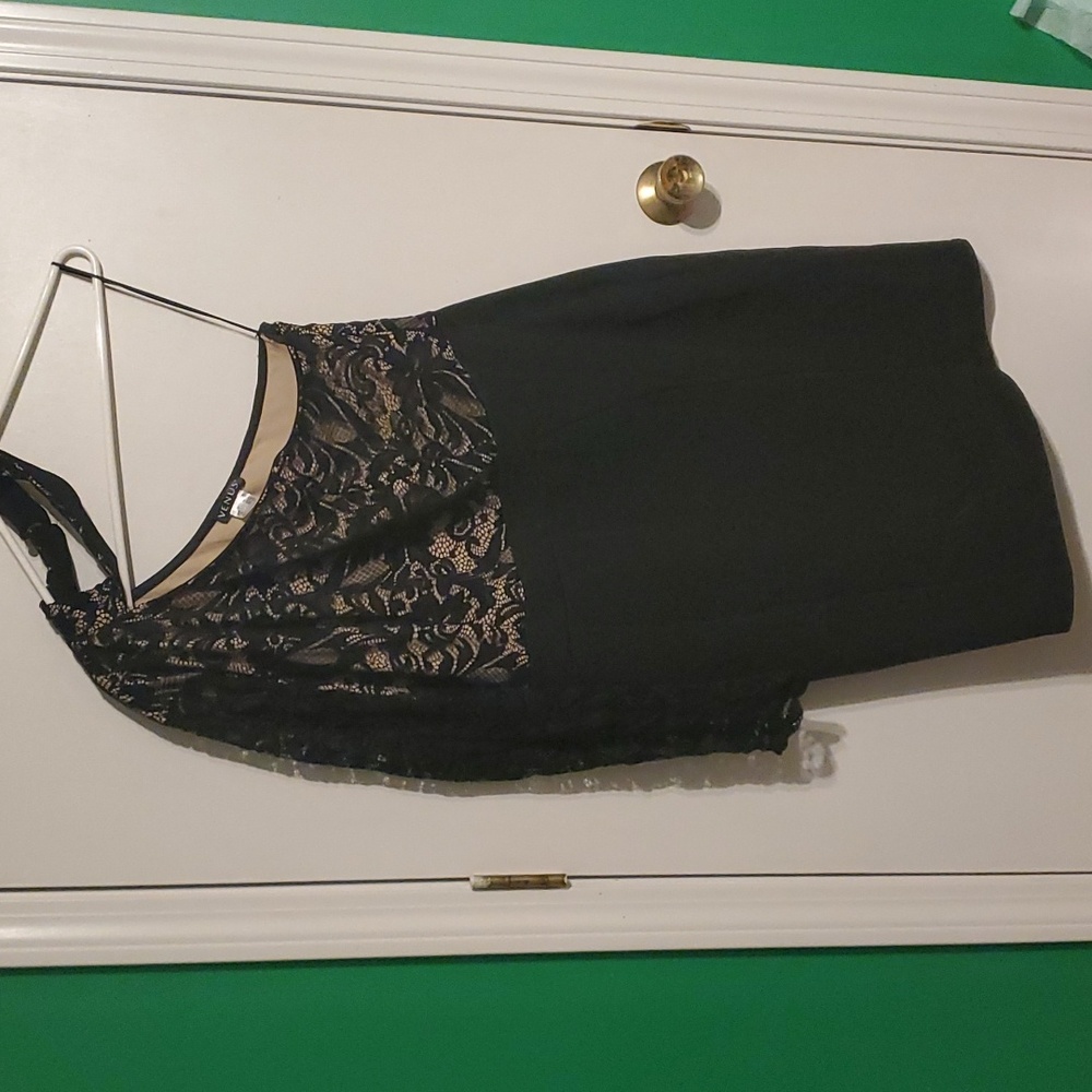 VENUS women's XL black lace top, one long  sleeve mid dress